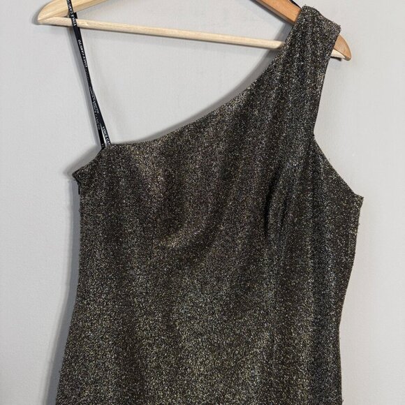 Vince Camuto One Shoulder Glitter Knee Length Dress Womens 12 Gold Slit Cocktail - Picture 7 of 14